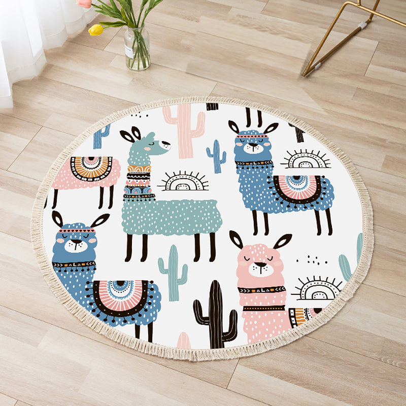 2X 120cm Round Polyester Area Rug Alpaca Cactus Pattern Colorful Non Slip