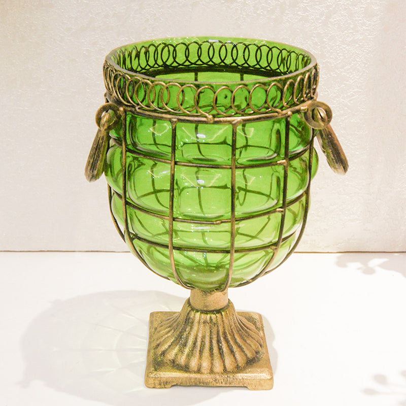 Green Glass Jar Flower Vase Solid Base Metal Handle 10x16x26cm Home Decor