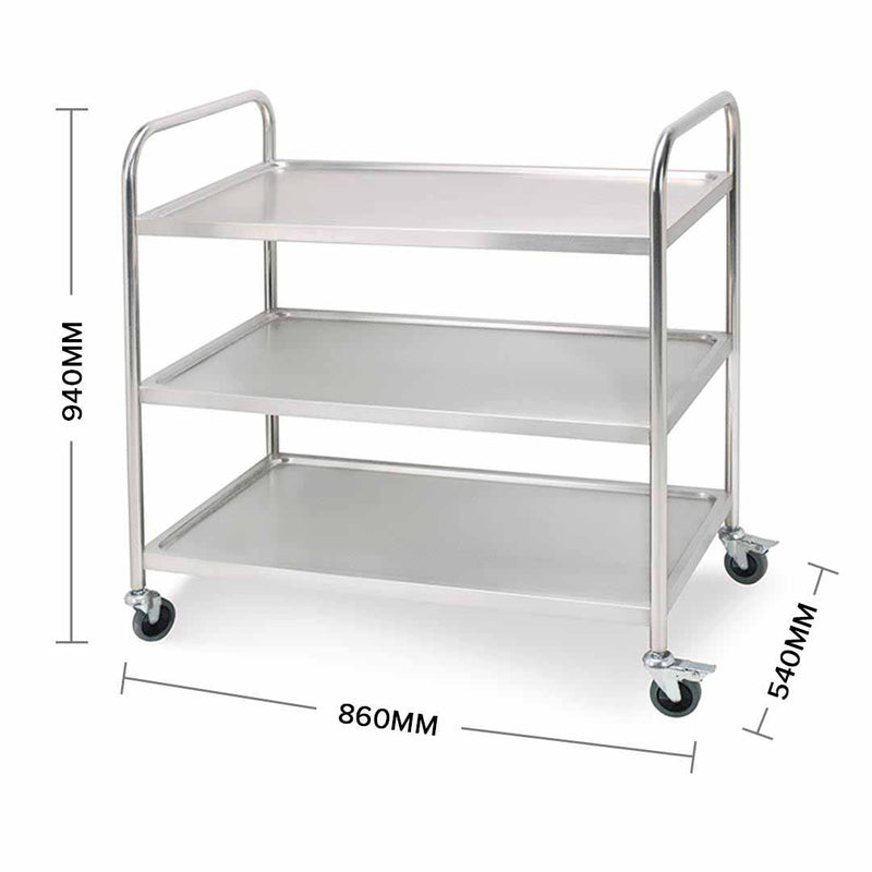 3 Tier Stainless Steel Food Cart 86x54x94cm Utility Trolley With Locking Wheels