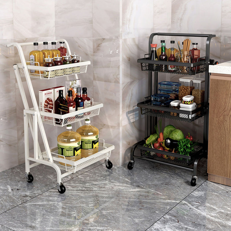 3 Tier Carbon Steel Kitchen Cart Mesh Shelves Black Locking Wheels Adjustable