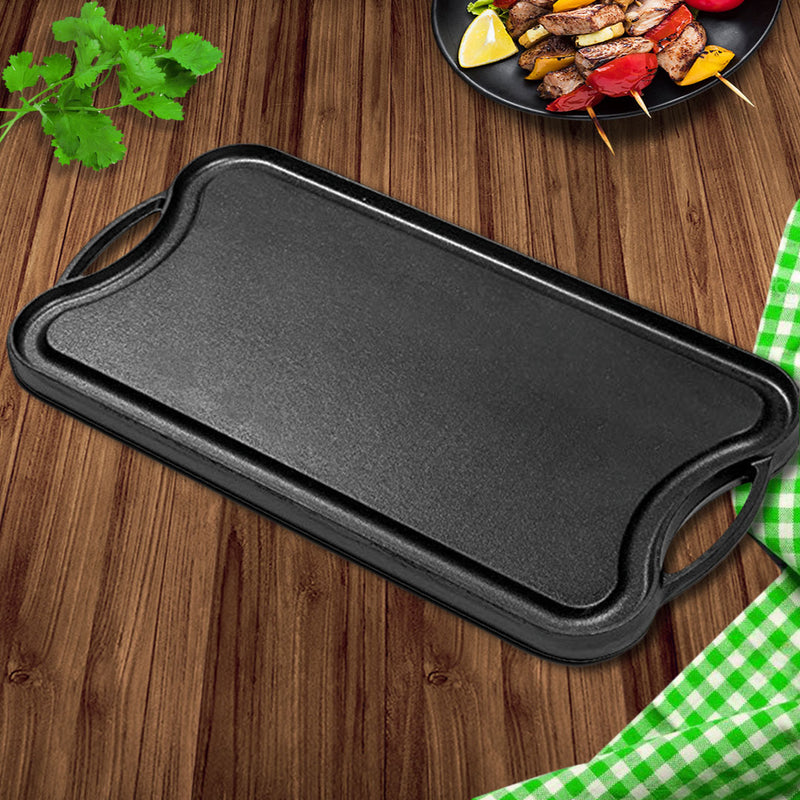 2X Cast Iron 50.8cm Ridged Reversible Griddle Grill Pan Pre Seasoned Nonstick
