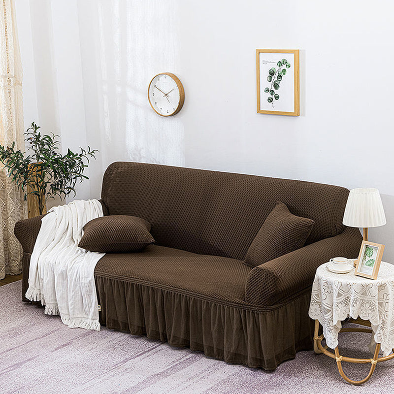 3 Seater Polyester Sofa Slipcover Ruffled Skirt Stretch Coffee 195 To 230cm