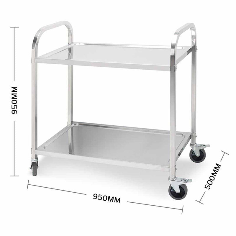 2 Tier Stainless Steel Kitchen Trolley Utility Cart Large 4 Wheels 95x50x95cm