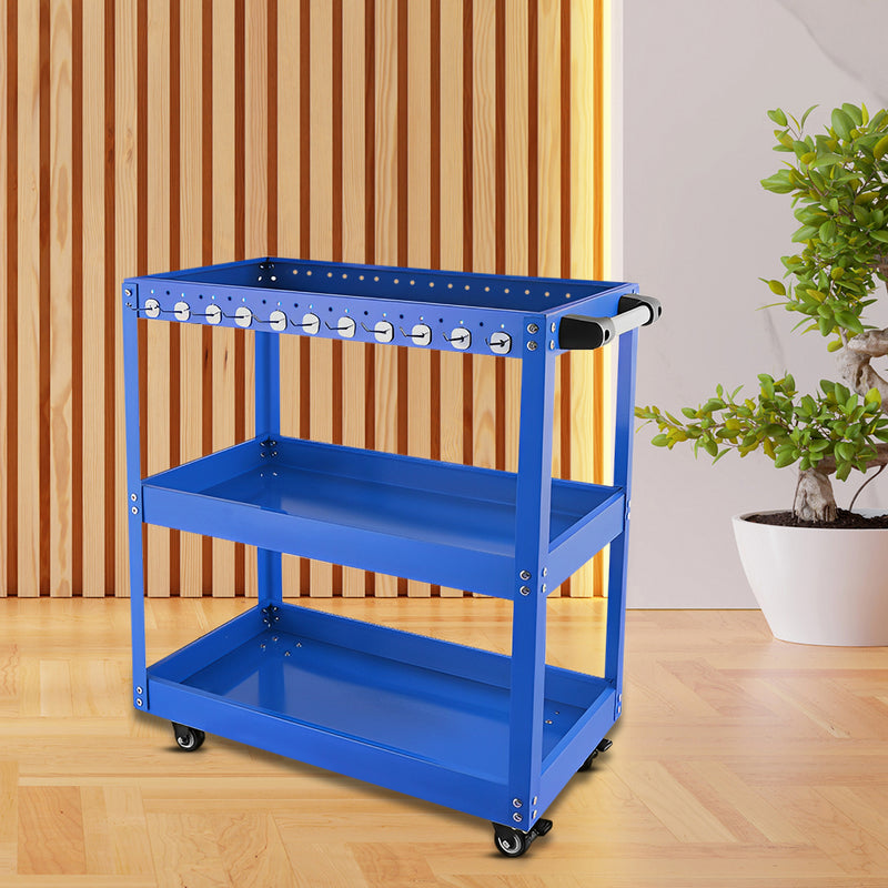 3 Tier Tool Cart Steel 40kg Per Shelf Heavy Duty With Hooks Blue