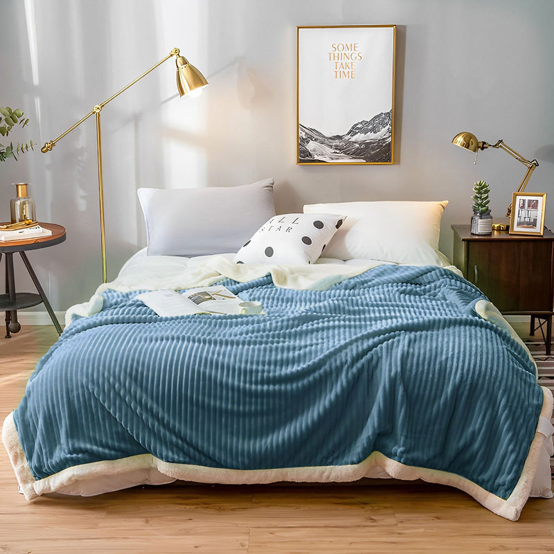 2X Blue Thick Flannel Polyester Throw Blanket 200x220cm Double Sided Heavyweight