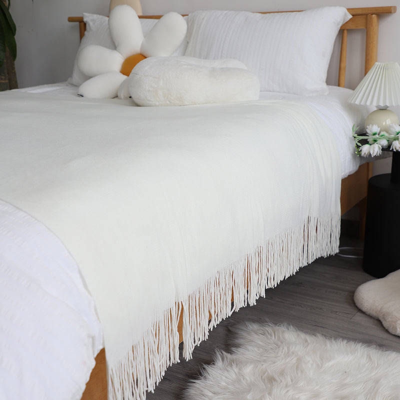 White Acrylic Throw Blanket 130x220cm Fringed Cozy Knitted Cover Home Decor