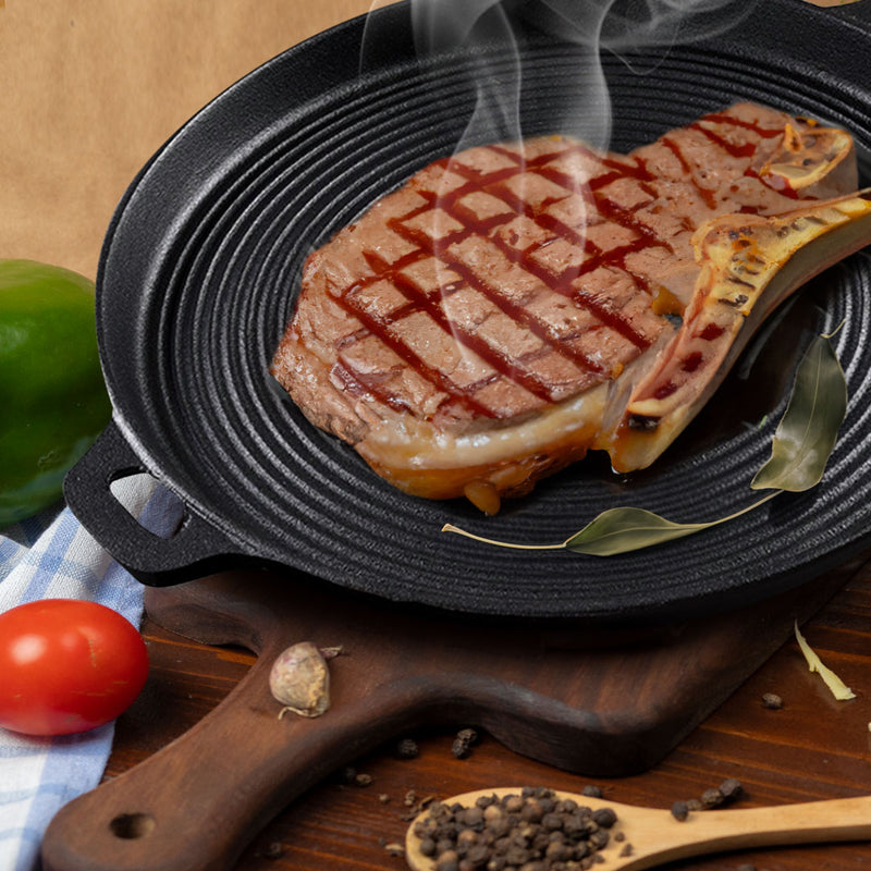 2X 35cm Round Ribbed Cast Iron Frying Pan Skillet With Handle Pre-Seasoned