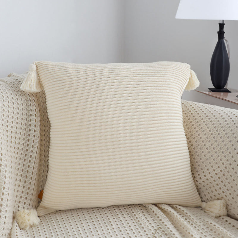 Square Throw Pillow Velvet Cotton Blend 45x45cm Thick 15cm Khaki Tassel