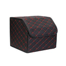 Leather Car Boot Organizer 30x30x30cm Collapsible Foldable Black Red Stitch