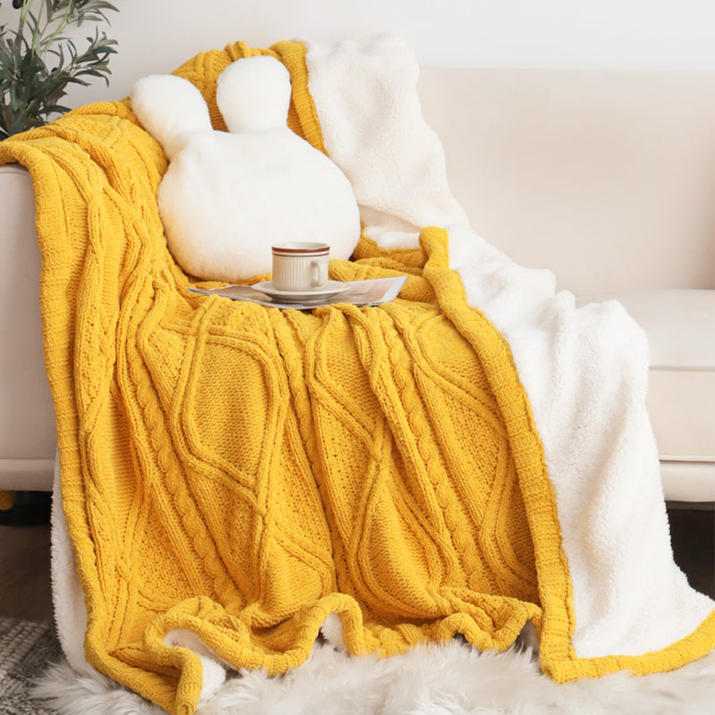 2X 200X230cm Chenille Fleece Throw Blanket Two Sided Knitted Suede Yellow White