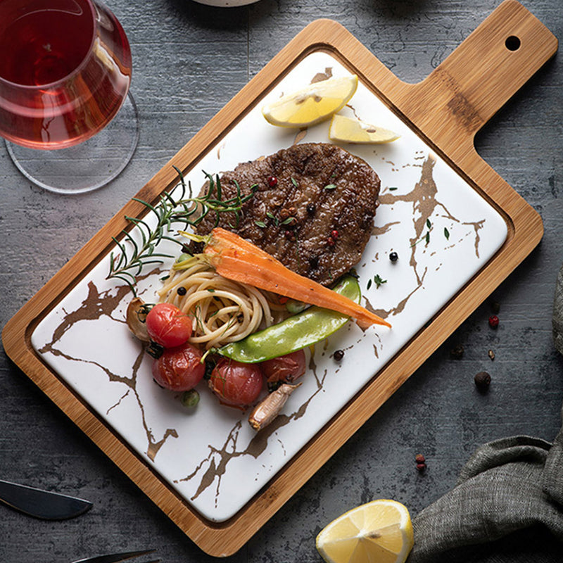 Square Wooden Serving Tray 33.5cm White Slate Center Food Platter Board Decor