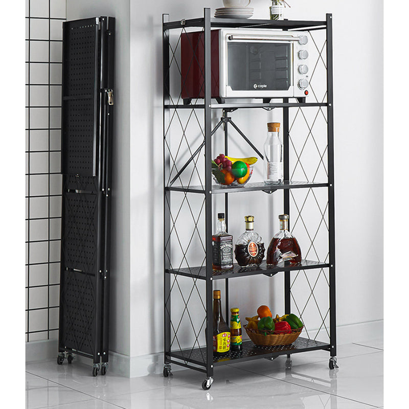 5 Tier Carbon Steel Black Foldable Kitchen Cart With Wheels Storage Shelves