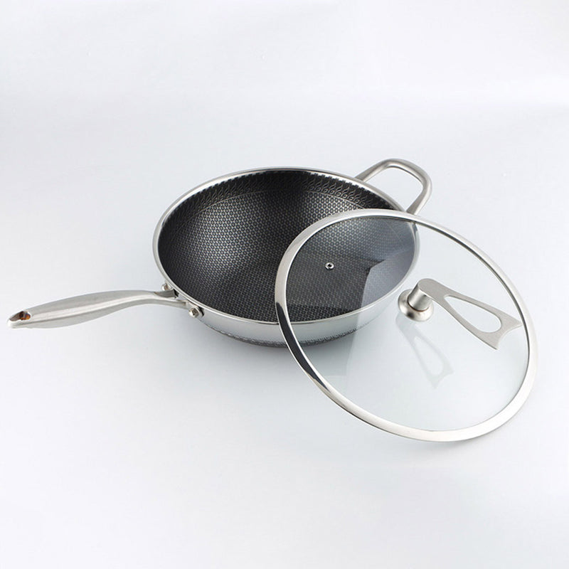 2X 34cm Tri Ply 304 Stainless Fry Pan Textured Nonstick Helper Handle Glass Lid