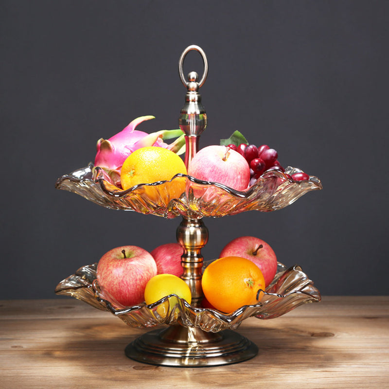 2 Tier Lotus Glass Iron Fruit Bowl 35cm X 57cm Translucent Bronze