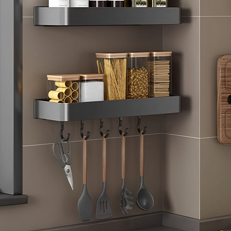 40cm Black Aluminum Wall Mounted Kitchen Spice Rack With Hooks Space Saving
