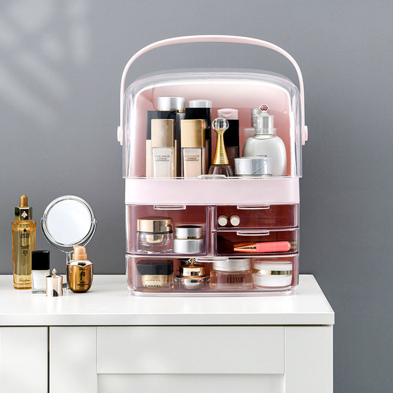 3 Tier Pink Makeup Storage Organizer ABS Plastic Waterproof Dustproof Handle