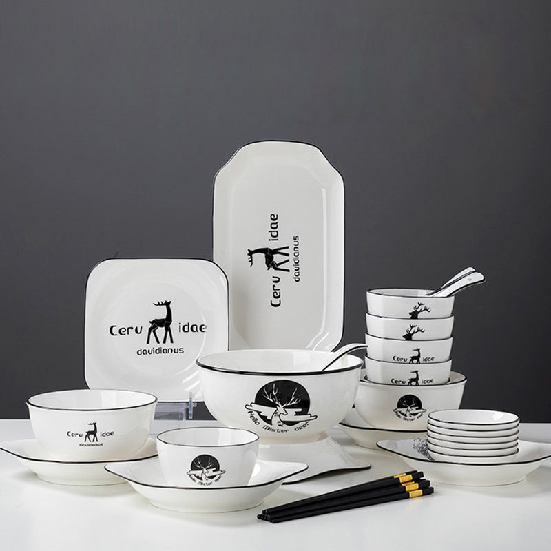 White Antler Printed Ceramic Dinnerware Square Plates Bowls Soup Set of 20