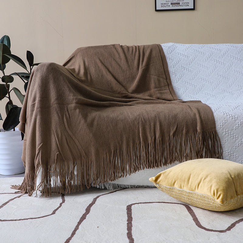 2X Acrylic Knitted Throw Blanket 130cmx220cm Fringed Cozy Coffee