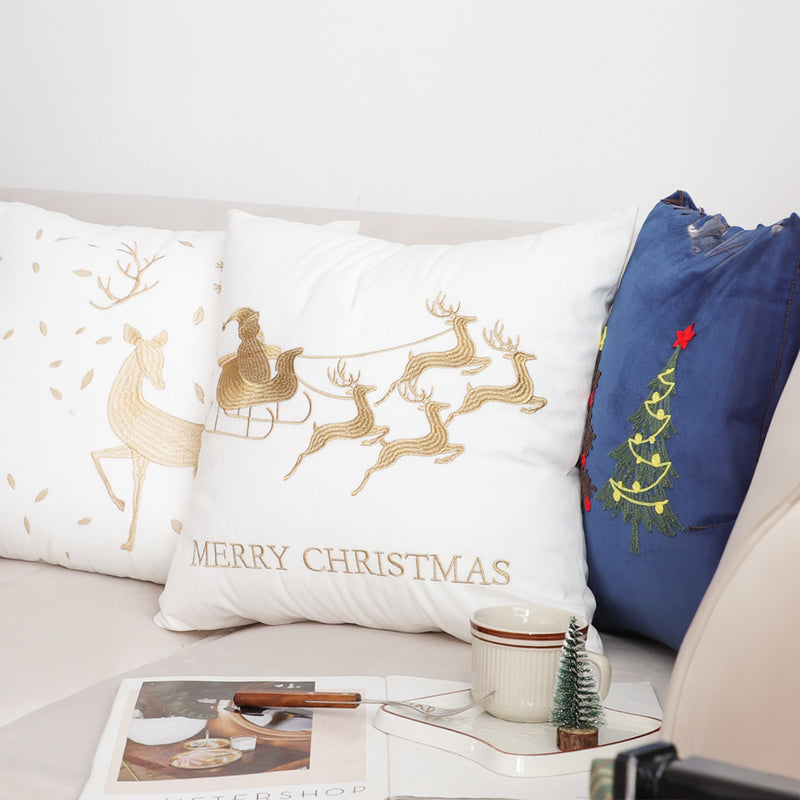 2X 45cm White Throw Pillow Plush Square Holiday Festive Sleigh Design Decor