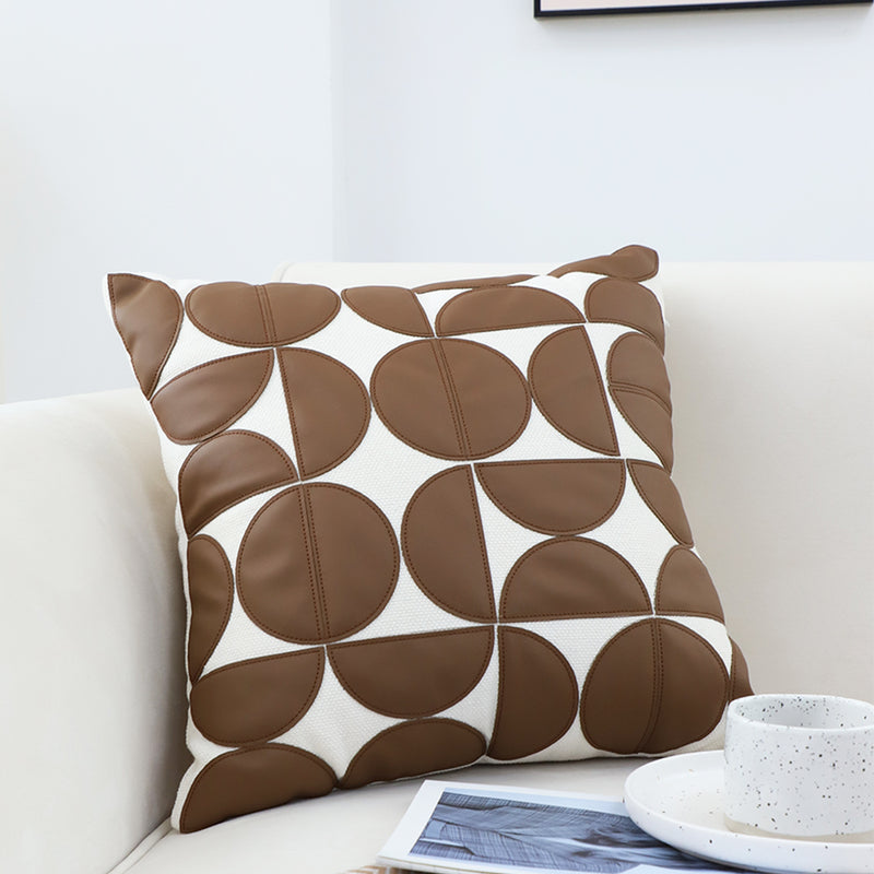 Brown Leather Square Pillow 45cm Half Moon Patchwork Decorative Cushion