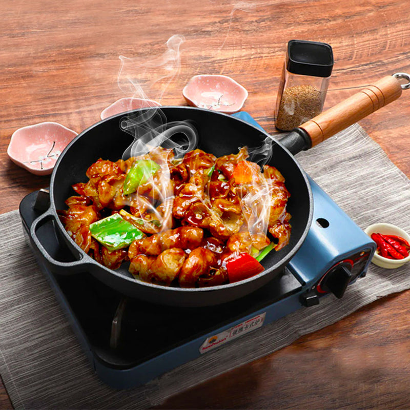 2X 25cm Round Cast Iron Skillet Non Stick Pre Seasoned Wooden Helper Handle