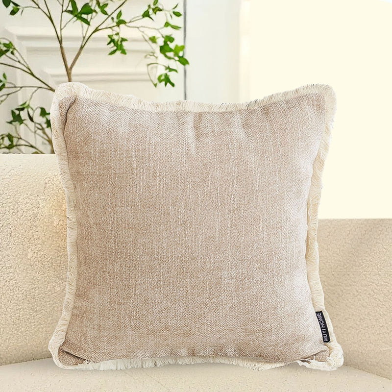2X 45cm Plush Velvet Chenille Tassel Square Throw Pillow Milk Coffee