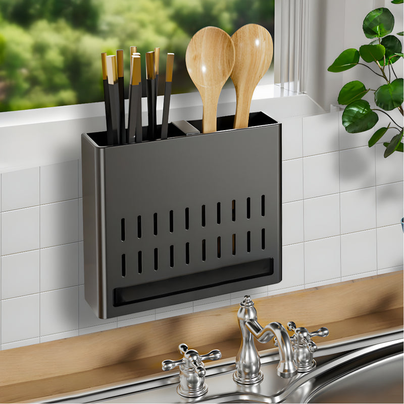 Wall Mounted Aluminum Kitchen Utensil Rack 24x18x7.5cm Black Rustproof