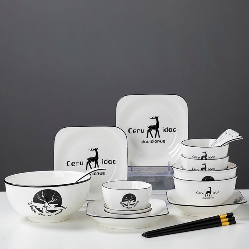 White Antler Ceramic Dinnerware Set 13pc Soup Bowl Plate Home Kitchen Decor