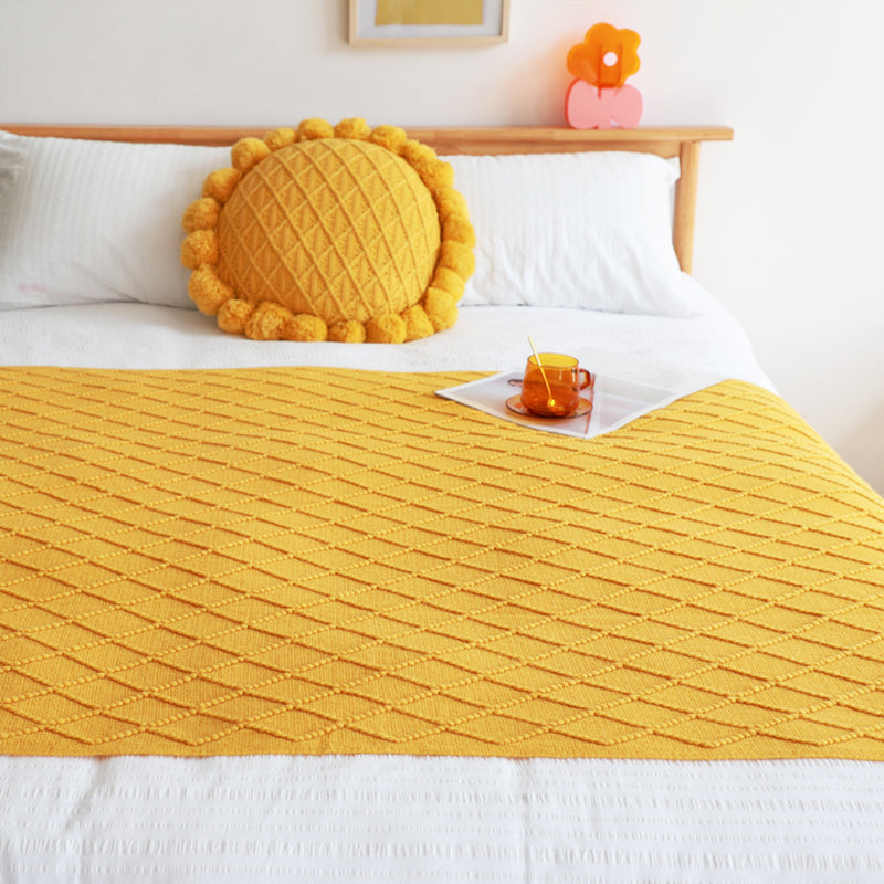 2X Knitted Throw Blanket 100% Acrylic 130cmx230cm Diamond Pattern Yellow Tassels