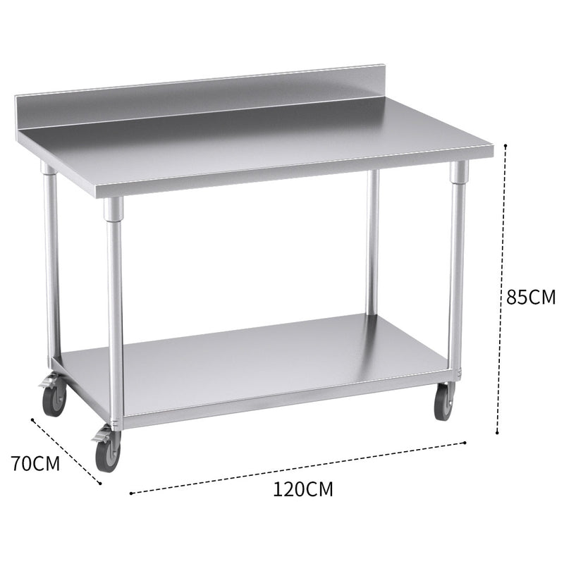 Stainless Steel 120cm Commercial Prep Workbench 200kg Backsplash Casters