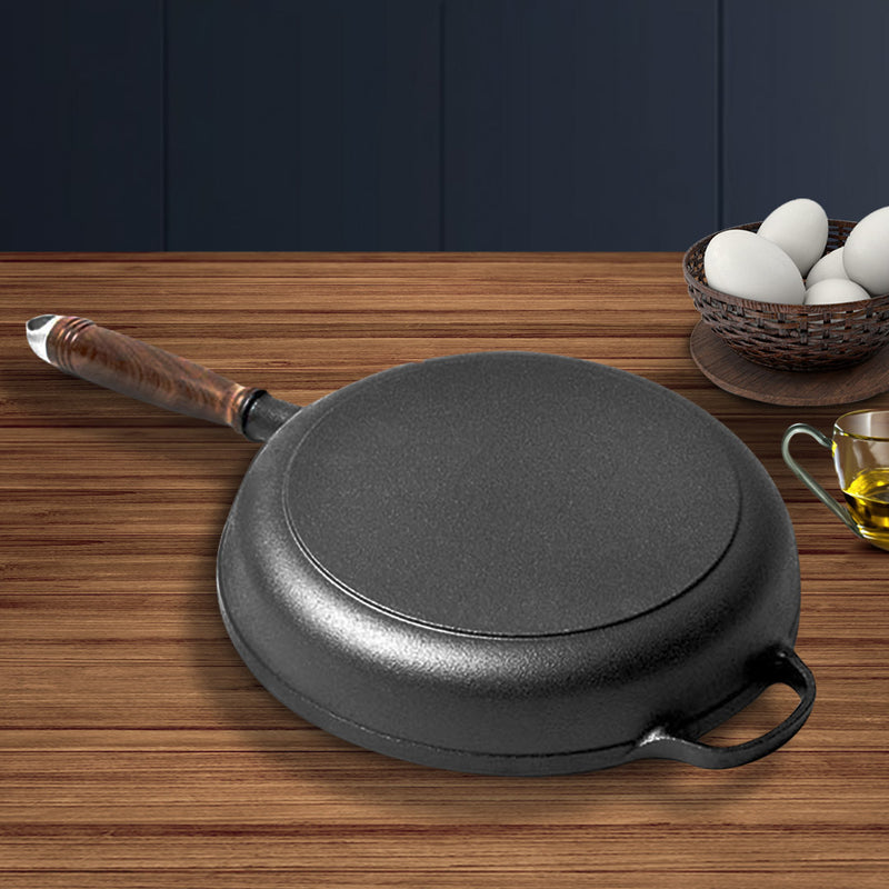 29cm Round Cast Iron Frying Pan Skillet Sizzle Platter Helper Handle
