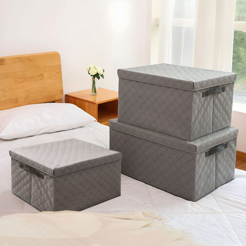 2X Small Grey Non Woven Diamond Quilted Grid Storage Box 60L 35x28x18cm Lid