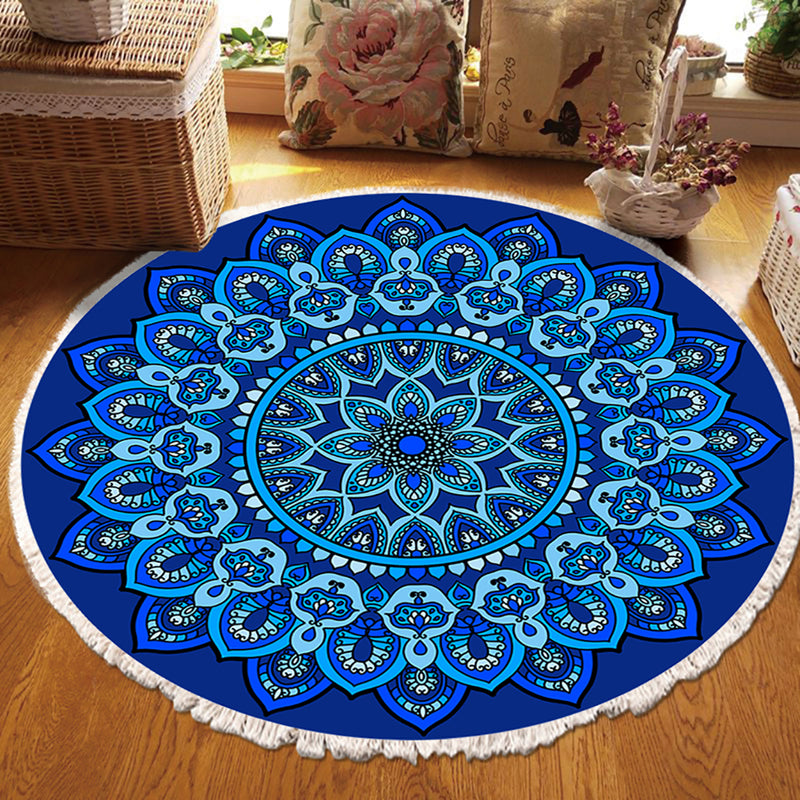 Round Polyester Mandala Carpet 90cm Anti Slip Backing Plush Blue