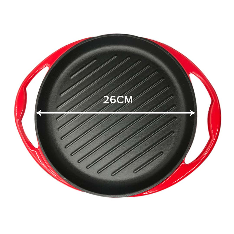 2X Enameled Cast Iron Grill Pan 26cm Red Nonstick Skillet Griddle