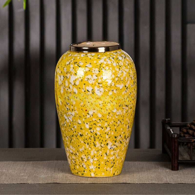 Medium Ceramic Flower Vase 30x19cm Yellow With White Floral Handcrafted