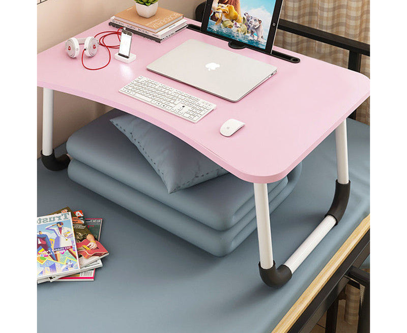 2X Pink Foldable Bed Table Mdf Aluminum Frame 60x40x28cm Laptop Stand Card Slot