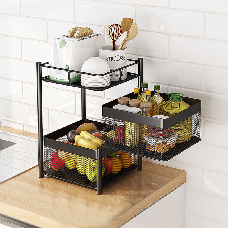 2 Tier Carbon Steel Rotating Kitchen Cart With Shelves Wheels Black 30cm