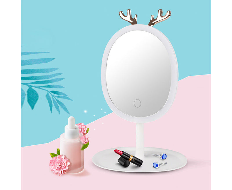 White Plastic Cosmetic Jewelry Storage Organizer With Antler Led Mirror Tabletop