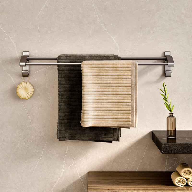 62cm Aluminum Wall Mounted Double Pole Towel Rack Gray Rust Proof With Hooks