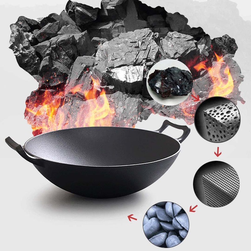 2X 36CM Cast Iron Wok Fry Pan With Wooden Lid Nonstick Black Long Handle