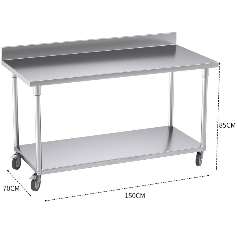 150cm Stainless Steel Prep Workbench Undershelf With Backsplash Casters 200kg