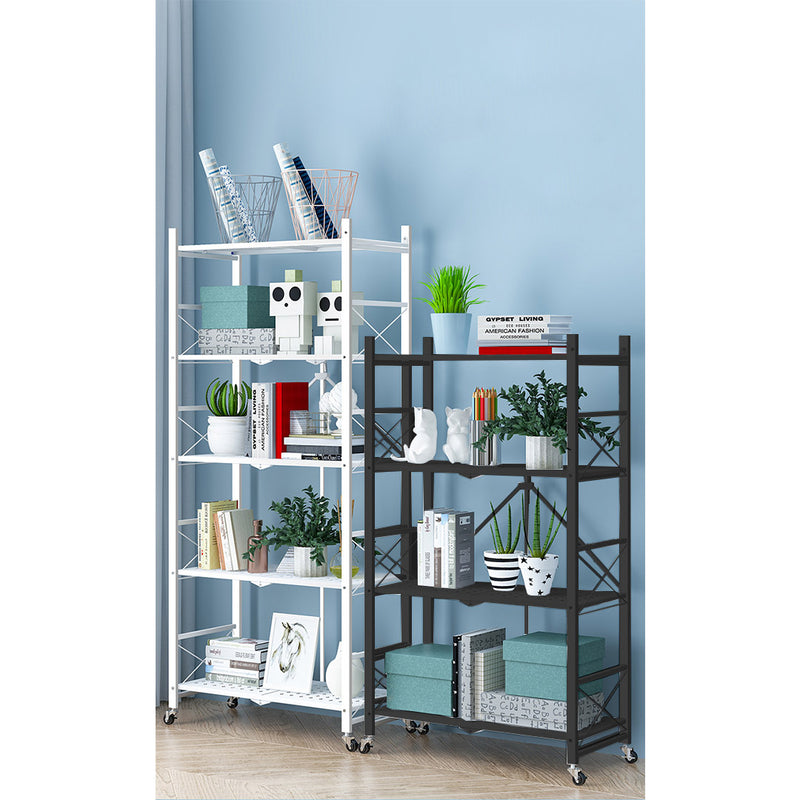 2X Black 4 Tier Foldable Carbon Steel Display Stand with Wheels Portable Shelves
