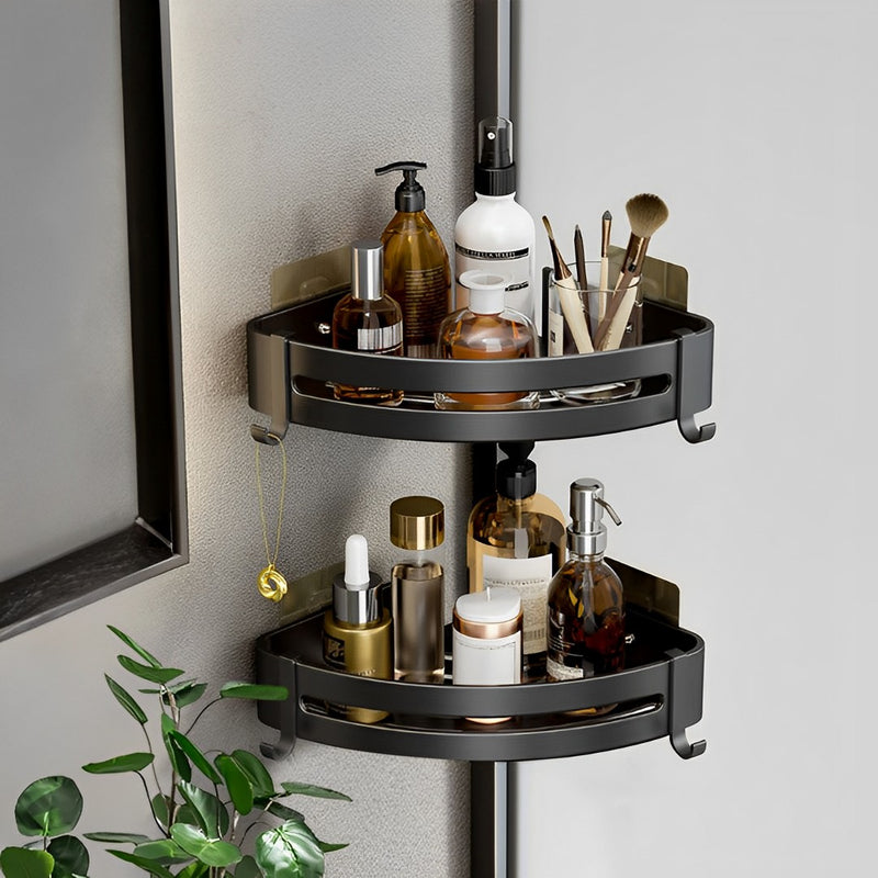 Wall Mounted Aluminum Corner Bathroom Shelf Rack 24.5x24x6cm Black With Hooks