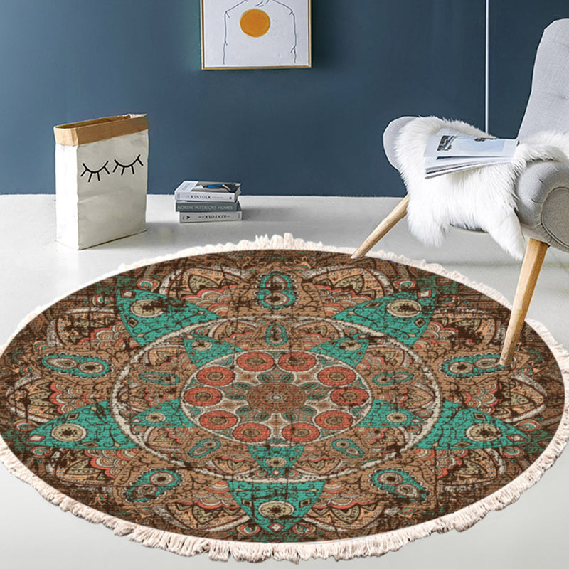 90cm Round Mandala Area Rug Polyester Thick Plush Anti Slip Backing