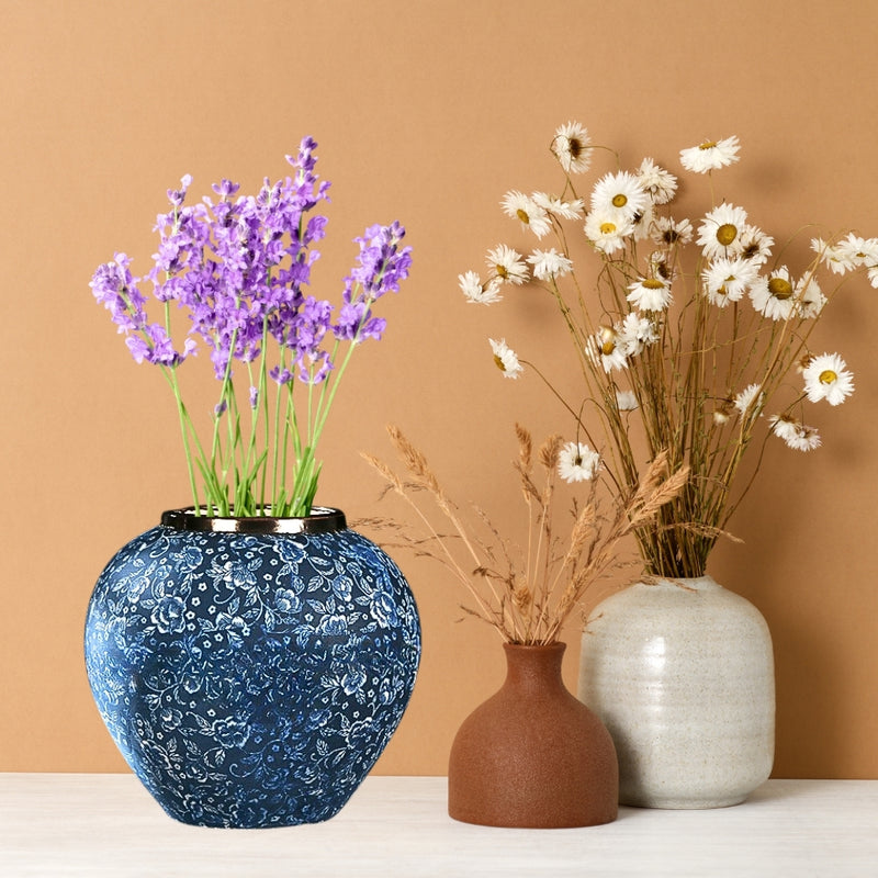 Small Ceramic Flower Vase 21x22Cm Blue With White Floral Handcrafted