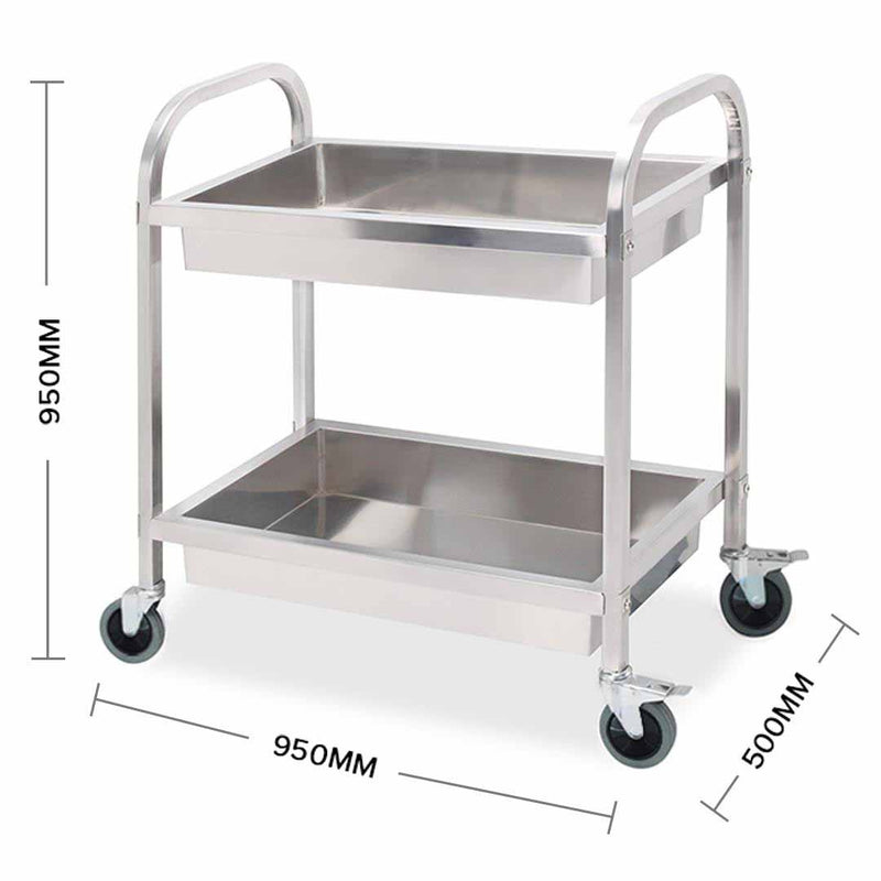 2 Tier Stainless Steel Kitchen Trolley 95x50x95cm Large Food Cart Locking Wheels