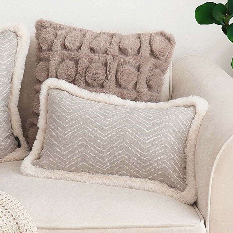 Lumbar Velvet Cushion 30x50cm Plush Herringbone Wabi Sabi Cream