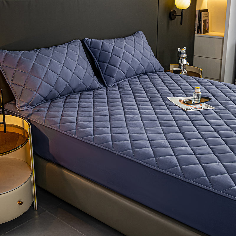 2X Blue Stretchable Quilted Mattress Cover Set Polyester 138cm With Pillow Covers