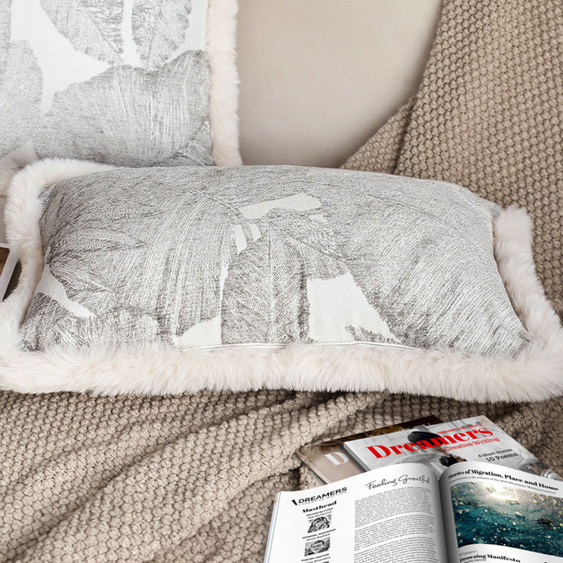 2X Rectangular Velvet Lumbar Throw Pillow 30x50cm Silver Raised Leaf Embroidery