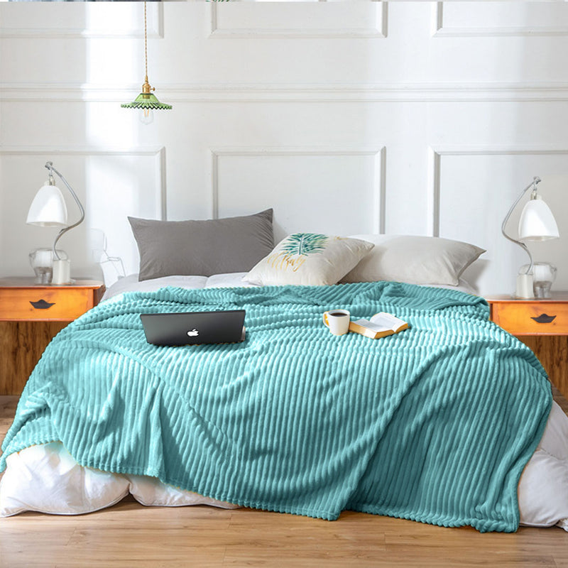 2X Thin Flannel Polyester Throw Blanket Striped Sky Blue 200x230cm Lightweight